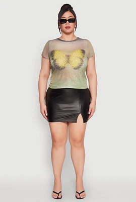 Womens Plus Size Rhinestone Studded Graphic Print Mesh Tee, Green, Size 1X