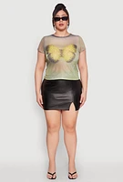 Womens Plus Size Rhinestone Studded Graphic Print Mesh Tee, Green, Size 1X