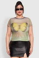 Womens Plus Size Rhinestone Studded Graphic Print Mesh Tee, Green, Size 1X