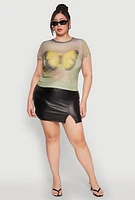 Womens Plus Size Rhinestone Studded Graphic Print Mesh Tee, Green, Size 1X