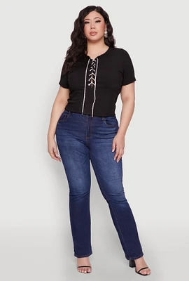 Womens Plus Rhinestone Lace Up Short Sleeve Top,