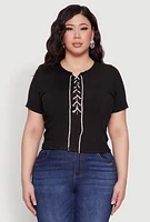 Womens Plus Size Rhinestone Lace Up Short Sleeve Top, Black, Size 3X