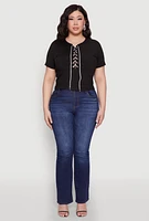 Womens Plus Size Rhinestone Lace Up Short Sleeve Top, Black, Size 3X