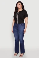Womens Plus Size Rhinestone Lace Up Short Sleeve Top, Black, Size 3X
