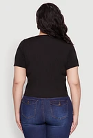 Womens Plus Size Rhinestone Lace Up Short Sleeve Top, Black, Size 3X