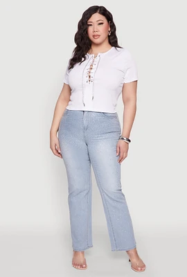 Womens Plus Size Rhinestone Lace Up Short Sleeve Top, White, Size 2X
