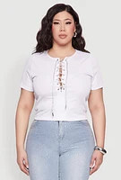 Womens Plus Size Rhinestone Lace Up Short Sleeve Top, White, Size 2X