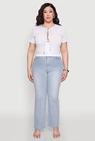 Womens Plus Size Rhinestone Lace Up Short Sleeve Top, White, Size 2X