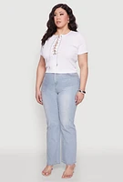 Womens Plus Size Rhinestone Lace Up Short Sleeve Top, White, Size 2X