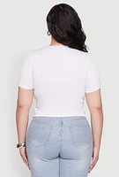 Womens Plus Size Rhinestone Lace Up Short Sleeve Top, White, Size 2X