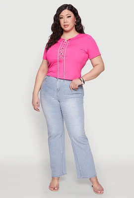 Womens Plus Size Rhinestone Lace Up Short Sleeve Top, Pink, Size 2X
