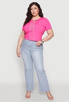 Womens Plus Size Rhinestone Lace Up Short Sleeve Top, Pink, Size 2X