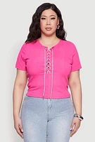 Womens Plus Size Rhinestone Lace Up Short Sleeve Top, Pink, Size 2X