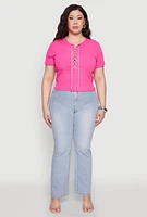 Womens Plus Size Rhinestone Lace Up Short Sleeve Top, Pink, Size 2X