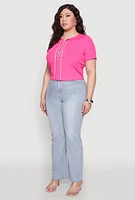 Womens Plus Size Rhinestone Lace Up Short Sleeve Top, Pink, Size 2X