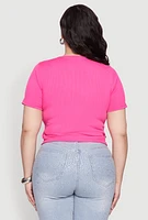 Womens Plus Size Rhinestone Lace Up Short Sleeve Top, Pink, Size 1X