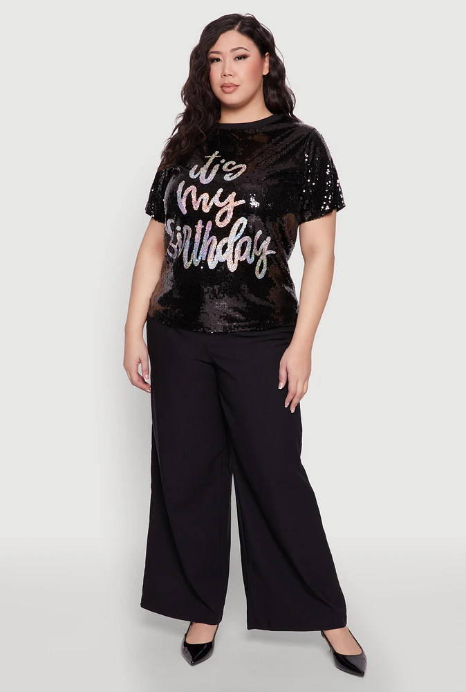 Womens Plus Its My Birthday Sequin Top, 2X