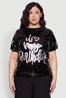 Womens Plus Its My Birthday Sequin Top, 2X
