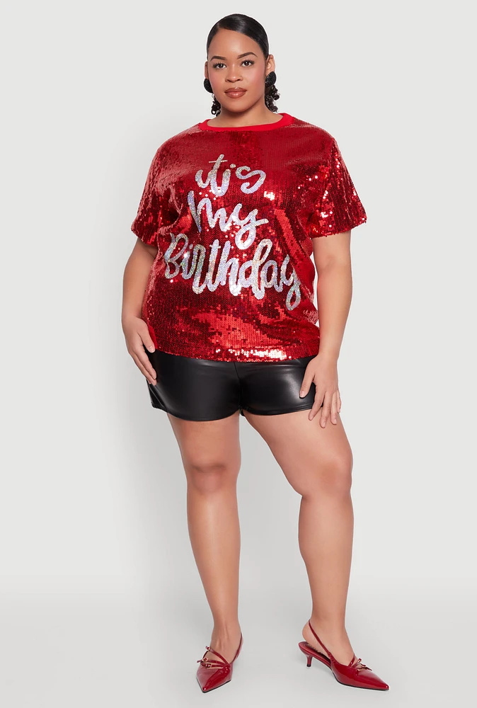 Womens Plus Size Its My Birthday Sequin Top, Red, Size 1X