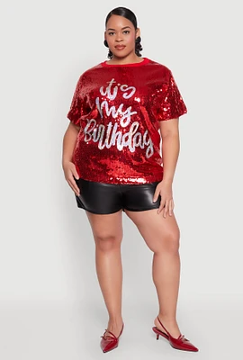 Womens Plus Size Its My Birthday Sequin Top, Red, Size 1X