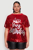 Womens Plus Size Its My Birthday Sequin Top, Red, Size 1X