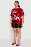 Womens Plus Size Its My Birthday Sequin Top, Red, Size 1X