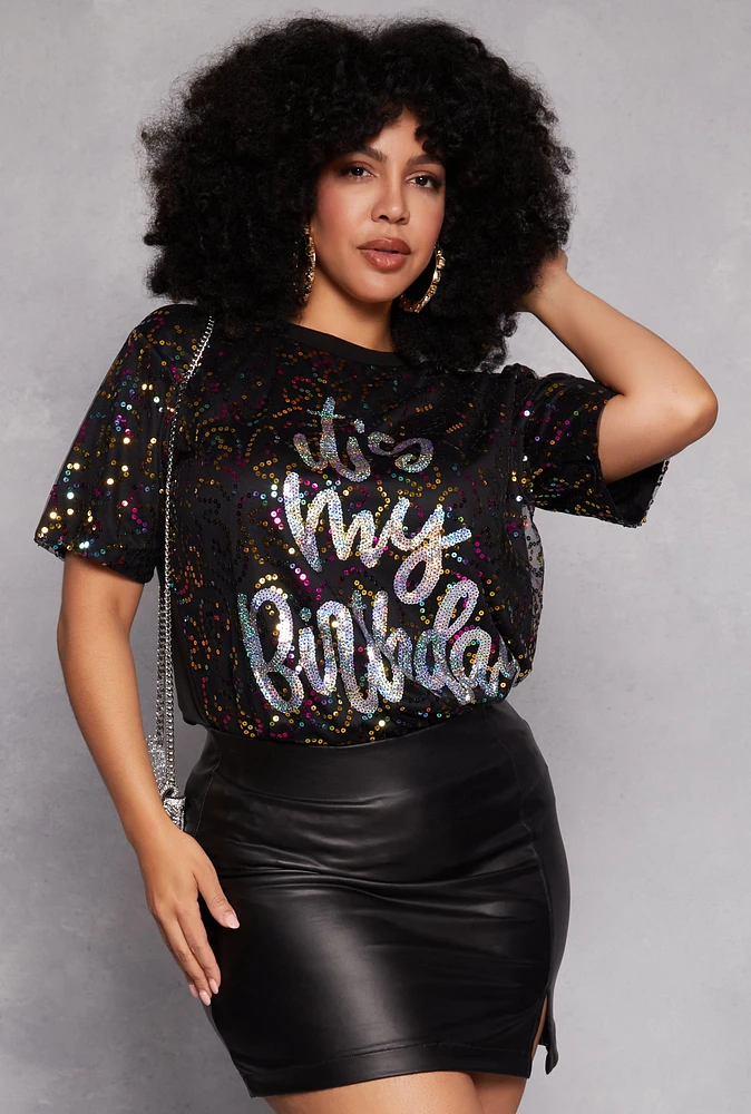 Womens Plus Size Sequin Its My Birthday Top, Black, Size 2X