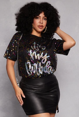 Womens Plus Size Sequin Its My Birthday Top, Black, Size 2X