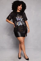 Womens Plus Size Sequin Its My Birthday Top, Black, Size 2X