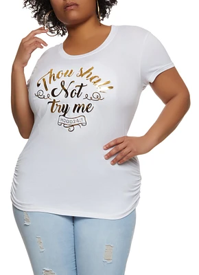 Womens Plus Thou Shall Not Try Me Embossed Foil Graphic Tee, White,