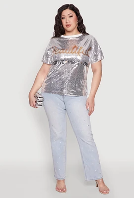 Womens Plus Size Sequin Beautiful Graphic Top, Grey, Size 2X