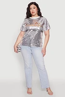 Womens Plus Size Sequin Beautiful Graphic Top, Grey, Size 2X