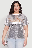 Womens Plus Sequin Beautiful Graphic Top,