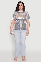 Womens Plus Size Sequin Beautiful Graphic Top, Grey, Size 2X