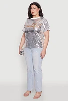 Womens Plus Size Sequin Beautiful Graphic Top, Grey, Size 2X