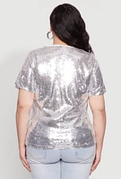 Womens Plus Size Sequin Beautiful Graphic Top, Grey, Size 2X