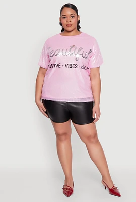 Womens Plus Size Sequin Beautiful Graphic Top, Pink, Size 1X
