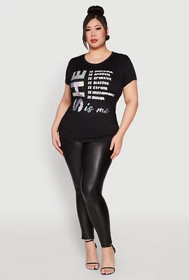 Womens Plus Size 3D Foil She Is Me Graphic Tee, Black, Size 3X
