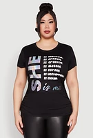 Womens Plus Size 3D Foil She Is Me Graphic Tee, Black, Size 3X