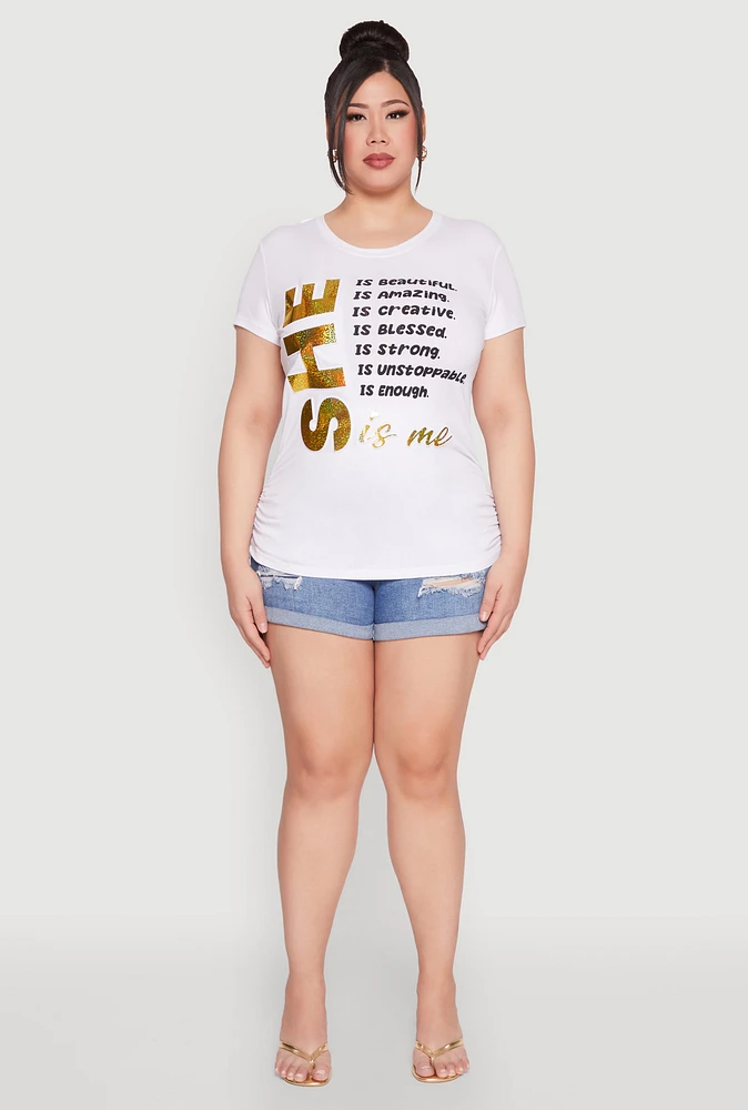Womens Plus Size 3D Foil She Is Me Graphic Tee, White, Size 2X