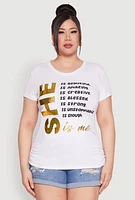 Womens Plus Size 3D Foil She Is Me Graphic Tee, White, Size 2X
