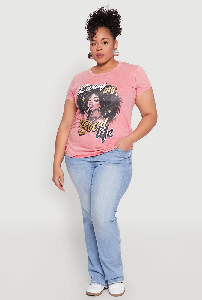 Womens Plus Size Mineral Wash Good Life Graphic Tee, Pink, Size 1X
