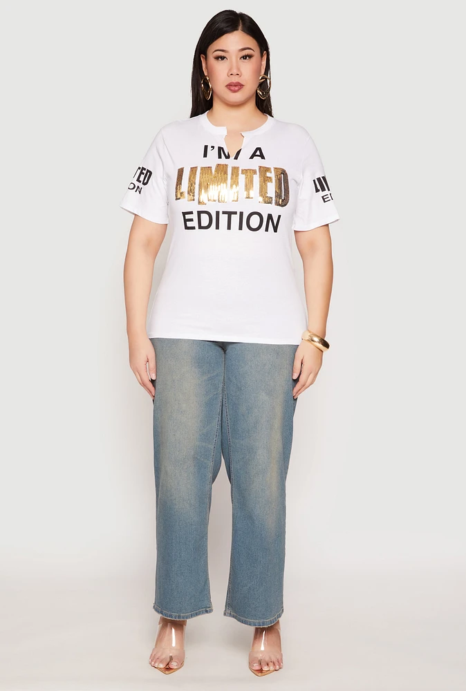 Womens Plus Size Sequin Limited Edition Graphic Tee, White, Size 2X