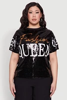 Womens Plus Sequin Fashion Queen Graphic Top, 2X
