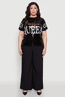 Womens Plus Sequin Fashion Queen Graphic Top, 2X