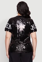 Womens Plus Sequin Fashion Queen Graphic Top, 2X