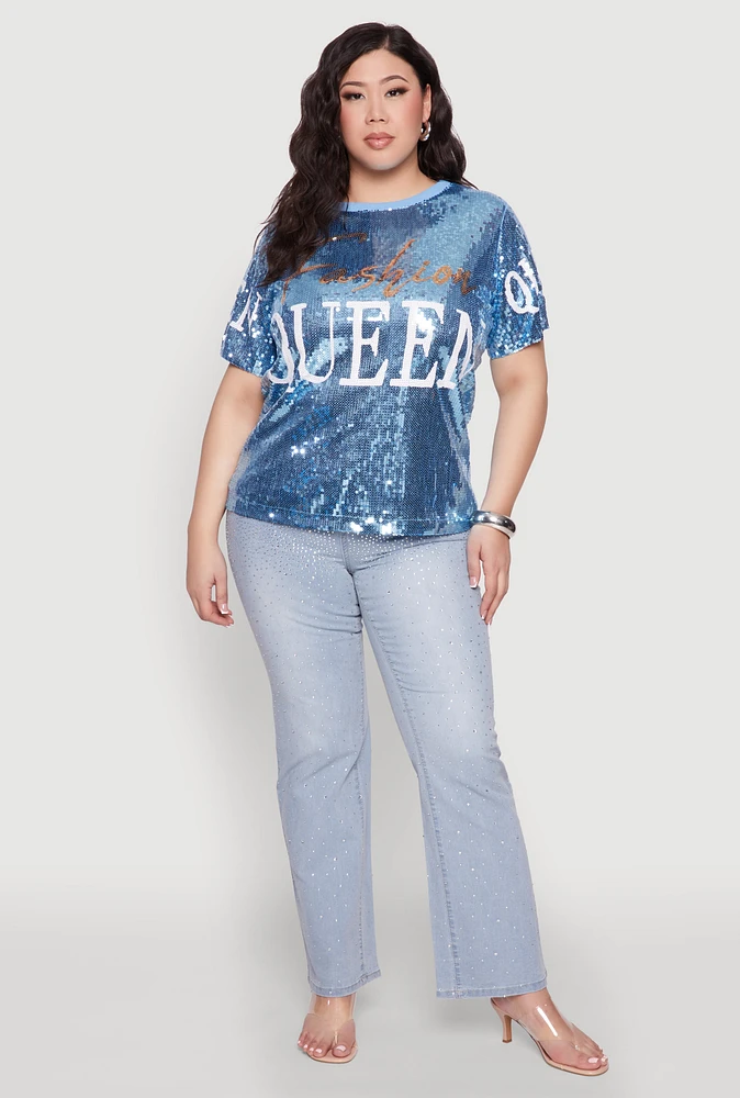Womens Plus Size Sequin Fashion Queen Graphic Top, Blue, Size 1X