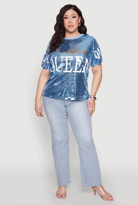 Womens Plus Size Sequin Fashion Queen Graphic Top, Blue, Size 1X