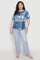 Womens Plus Size Sequin Fashion Queen Graphic Top, Blue, Size 1X