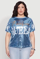 Womens Plus Size Sequin Fashion Queen Graphic Top, Blue, Size 1X